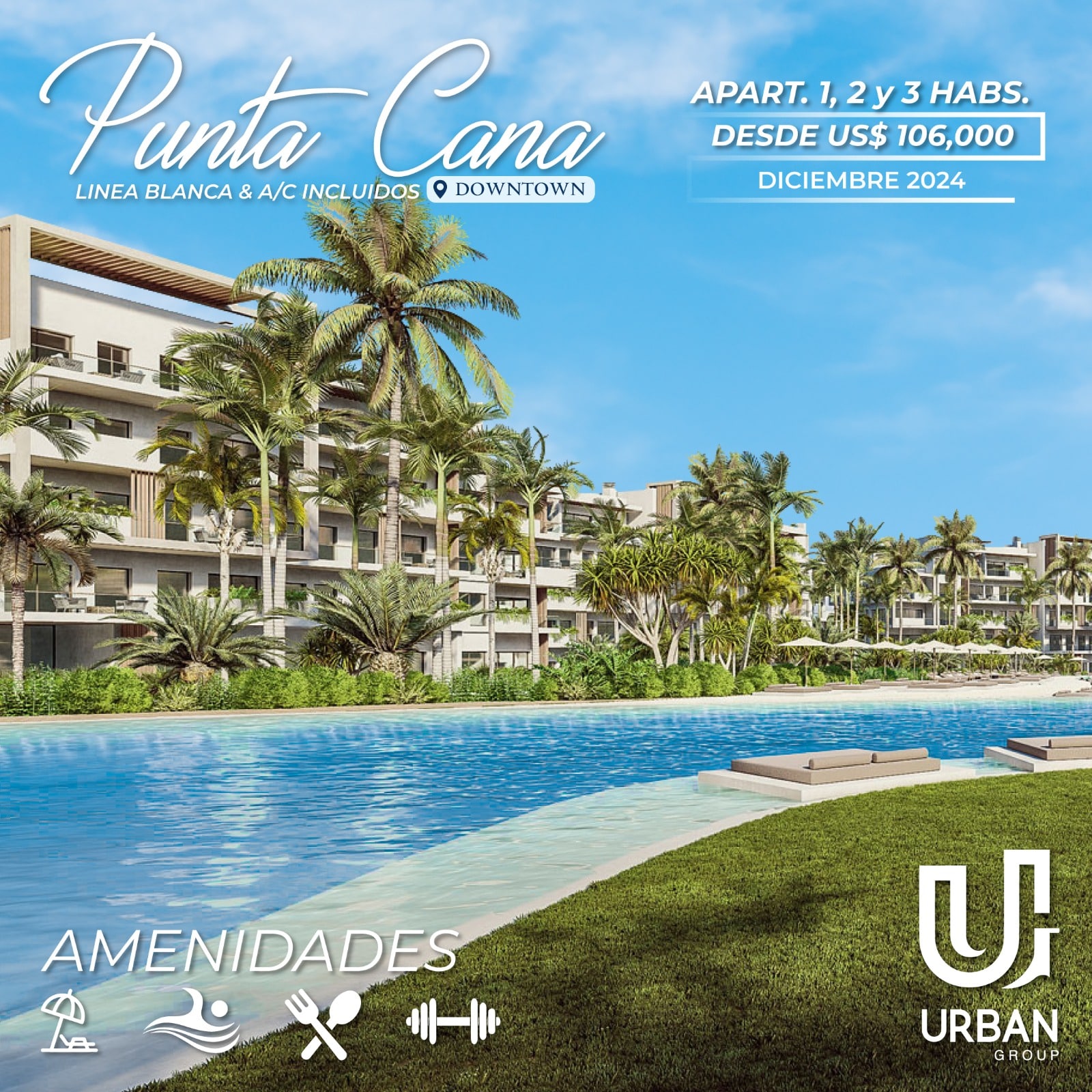 Apartamentos de 1, 2 y 3 Habs Desde US$106,000 en Downtown Punta Cana